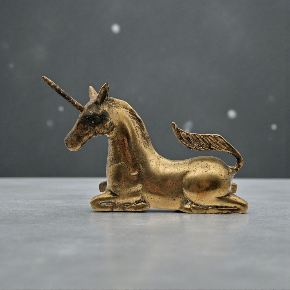 VTG Brass UNICORN Sculpture Figurine Laying Down Mythical MCM Patina 1.9lbs 5x7"